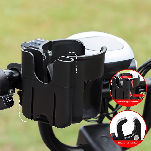 Portavasos universal con soporte para teléfono | Soporte 2 en 1 para botella y teléfono móvil, ideal para cochecito, silla de ruedas, scooter, cinta de correr y más | Abrazadera ajustable de 360