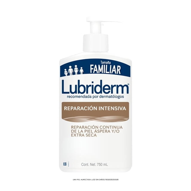 crema corporal lubriderm reparación intensiva 750 ml familiar con dispensador, botella frontal blanca con etiqueta azul y marrón que indica "Reparación Intensiva", texto que menciona hidratación continua para piel áspera y/o extra seca, contiene karité y minerales esenciales, cont. neto 750 ml; a menudo usada para piel muy seca del cuerpo.