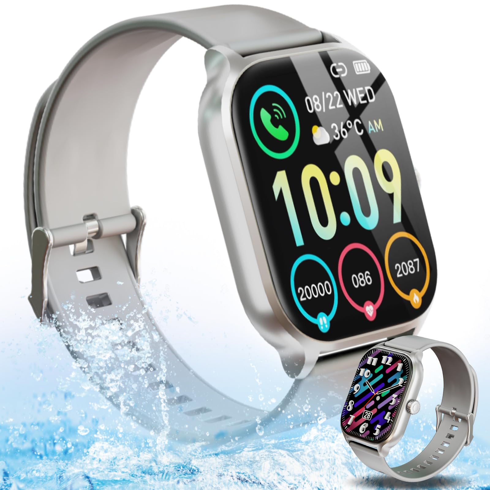 Reloj Deportivo Inteligente con Bluetooth,2,01 Pulgadas Reloj Inteligente Resistente Al agua con Monitor de Frecuencia Cardíaca para Mujeres y Hombres,Podómetro,Compatible con iOS, Android.(Plateado)