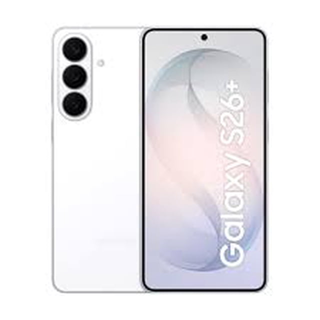 smartphone samsung galaxy s26 plus dual 512gb 12ram blanco vista 3/4 frontal y posterior, pantalla 6.7" Dynamic AMOLED 2X QHD+ con orificio de cámara central, módulo trasero triple (50MP, 12MP, 10MP), bordes ultra delgados y diseño premium; menciona rendimiento con IA, 5G e resistencia IP68, también apto para captura y edición móvil en movimiento.
