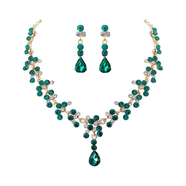 1 juego de collar y pendientes de moda, joyería de diamantes de imitación para novia, accesorios para vestido de novia para mujer (verde)