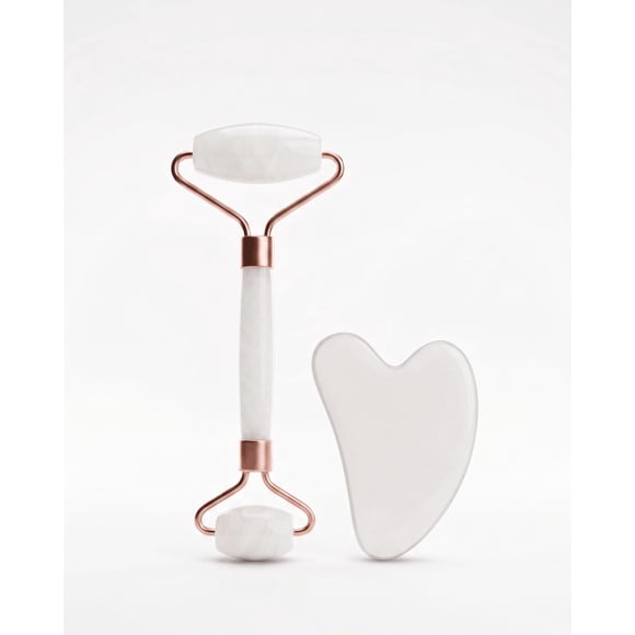 Kit Rodillo Facial Cuarzo Blanco y Piedra Gua Sha Original