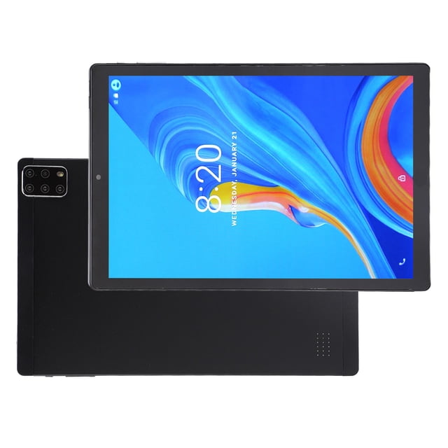tablet pc de 10,1 pulgadas 5g wifi 6gb 128gb, cpu de 10 núcleos, pantalla ips, frontal 2mp trasera 5mp,12.0, protección ocular, relación de aspecto 16:9 Vista frontal y trasera de la tablet Anggrek negra: pantalla IPS táctil 10,1" 1960x1080 en orientación horizontal con biseles negros y cámara frontal en el borde; reverso metálico negro con módulo de cámara trasera cuadrado y rejilla de altavoz en la esquina; puerto tipo C y ranuras para 2 SIM + microSD visibles. Suele usarse para navegación y reproducción multimedia.