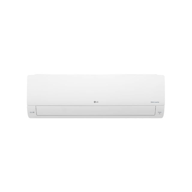 aire acondicionado mini split lg dualcool dual inverter con thinq wi-fi, bajo ruido frío/calor 230v 60hz 18000 btu Blanco, vista frontal centrada del evaporador montado en pared; carcasa blanca con logo LG al centro, difusor inferior ajustable y marcas 'DUAL Inverter' y 'ThinQ' visibles; diseñado para 18,000 BTU, operación silenciosa y control ThinQ Wi‑Fi; también suele usarse para climatizar oficinas o salas grandes.
