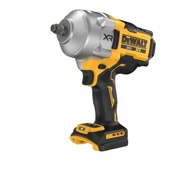 llave de impacto inalámbrica dewalt 20v max 1/2 hog ring dcf961b 3/4 frontal de herramienta DEWALT amarilla y negra, cabeza metálica plateada con husillo 1/2", empuñadura texturizada ergonómica, base para batería 20V, gatillo negro y logo DEWALT; diseñada para aplicaciones de alto par y cuenta con luz de trabajo LED; también suele usarse para tareas de mantenimiento automotriz.