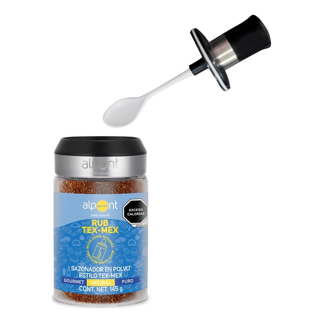 alpont rub tex-mex sazonador estilo texano parrilla 145 g frasco frontal con tapa negra y etiqueta azul, polvo marrón rojizo visible en el envase, marca Alpont en el cuello y dosificador con cucharilla mostrado por separado; sazonador apto para parrilla y especia para carnes, también usado a menudo para dar sabor a cortes y marinados.
