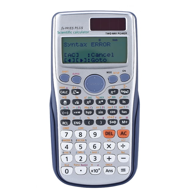 calculadora portátil, calculadora científica completa portátil para estudiantes calculadora portátil innovación moderna Vista frontal centrada de calculadora científica negra y gris con pantalla LCD de dos líneas que muestra 'Syntax ERROR'. Teclado táctil con botones plásticos para trigonometría, log/ar y modos DEC/HEX/BIN/OCT, tapa deslizante visible y carcasa de 16.2 x 8 x 0.8 cm; diseñada para estudiantes y oficina, suele usarse también para prácticas de examen.