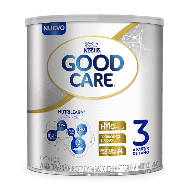 alimento para niños good care etapa 3 1500g lata frontal con logo Good Care y texto NUTRILEARN CONNECT; pictogramas de DHA, ARA, alfa-lípidos, 2 HMOs, prebióticos FOS y probiótico Bifidus BL, número 3 grande "a partir de 1 año" y etiqueta "nuevo" sobre fondo blanco metalizado; fórmula láctea.