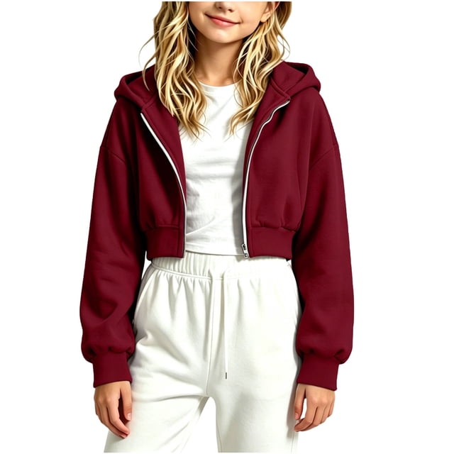 Sudadera con capucha y cremallera de manga larga de color liso para niñas, estilo casual y holgado, ideal para invierno, tallas 120-170.