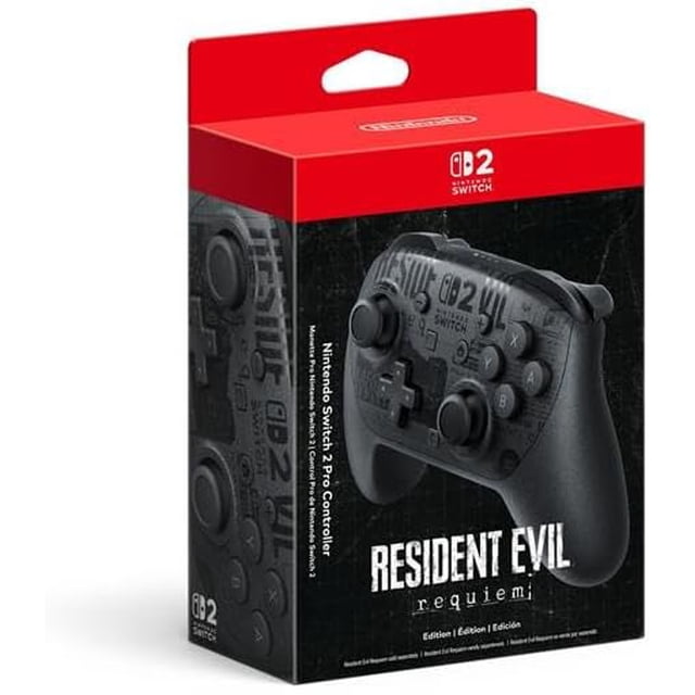 control nintendo switch 2 pro edicion resident evil requiem controlador Pro negro con diseño tipo periódico del juego; vista frontal centrada que muestra botones A/B/X/Y, palancas dobles y cruceta, textura impresa temática y empaque negro con detalles rojos y logo Nintendo Switch. Es adecuado para jugadores que buscan un mando con estética coleccionista.