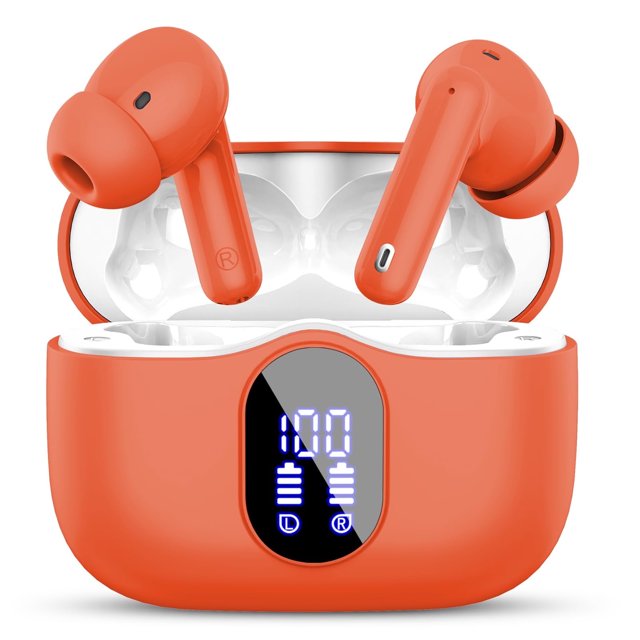 audífonos inalámbricos, audífonos bluetooth 5.4 estéreo de bajos, audífonos con micrófono con cancelación de ruido y pantalla led, 36h de reproducción audífonos intrauditivos, audífonos deportivos im Estuche de carga naranja Aptkdoe abierto con dos audífonos intrauditivos; auriculares con puntas de silicona intercambiables, tallos cortos con orificios de micrófono, cavidades internas blancas y pantalla LED frontal que muestra porcentaje de batería e iconos L/R; acabado mate naranja y diseño ergonómico pensado para deporte; estuche compacto con puerto de carga visible; apto para ejercicio y viajes.