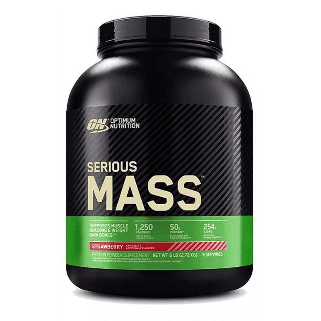 optimum nutrition on serious mass 6 lbs fresa bote frontal negro con etiqueta diagonal y banda verde, pote de suplemento en polvo con logo Optimum Nutrition arriba y texto SERIOUS MASS en letras grandes, indicador de sabor fresa y leyenda nutricional visible (1,250 calorías, 50 g proteína).