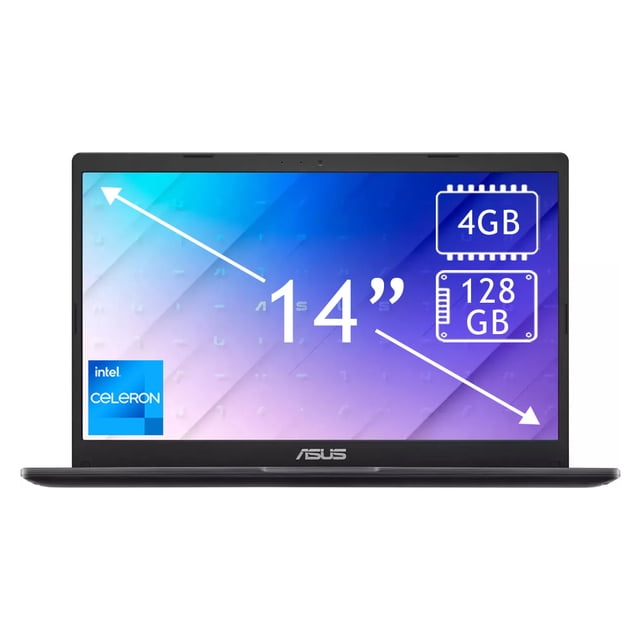 laptop asus e410ka 14" celeron 4gb 128gb negro vista frontal abierta, pantalla LED FHD 14" con biseles delgados y webcam superior; carcasa y teclado negros con logo ASUS en la bisagra; iconos en pantalla indican 4GB RAM y 128GB almacenamiento; portátil compacto indicado para tareas diarias y uso móvil ligero.