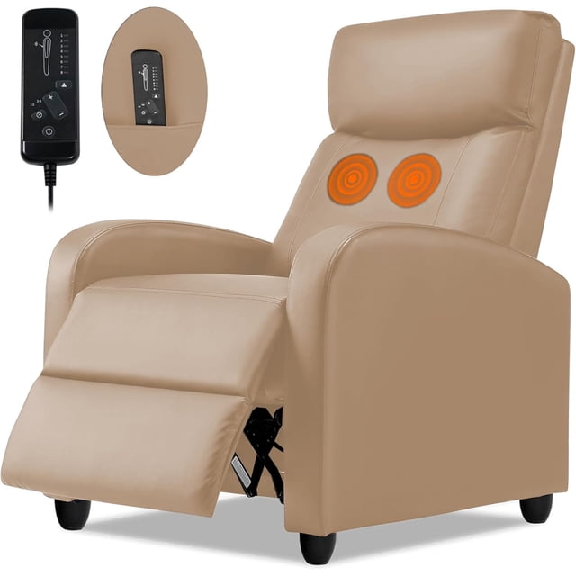 sillón de masaje reclinable eléctrico bluelander, soporte lumbar, ajustable y acolchonado con control remoto, beige. Vista frontal 3/4 de un sillón reclinable eléctrico beige BLUELANDER con respaldo y asiento acolchados, reposapiés extendido, dos zonas de masaje señaladas en el respaldo y control remoto en inserto; adecuado para lectura o ver televisión y a menudo usado para sesiones cortas de relajación en casa.