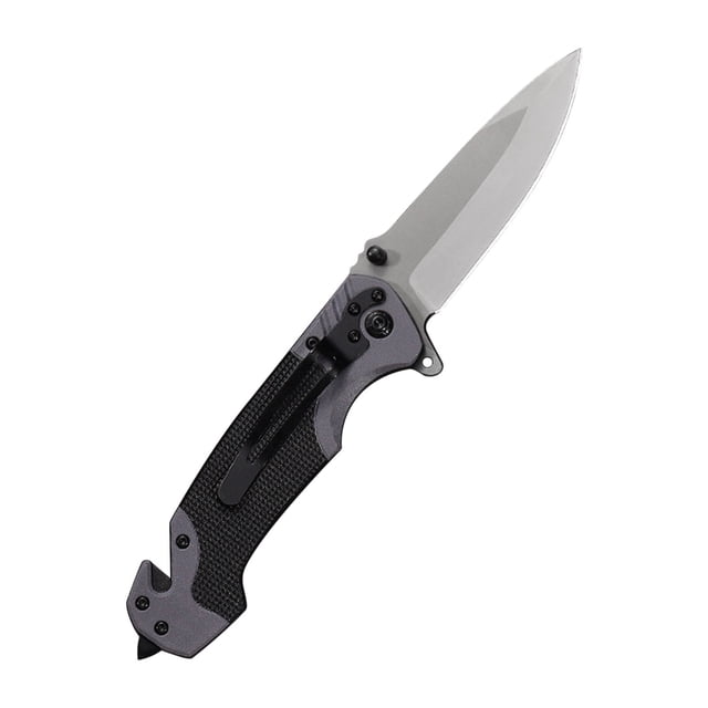 navaja de bolsillo pyrite-light, compacta, con hoja de acero d2 de 9,5 cm: navaja táctica negra abierta en vista 3/4 con hoja de acero mate de 9,5 cm, empuñadura texturizada con clip de bolsillo, guardamonte con apoyo para pulgar y rompevidrios en la cola; adecuada para actividades al aire libre y a menudo usada para abrir cajas o tareas de campamento ligeras.