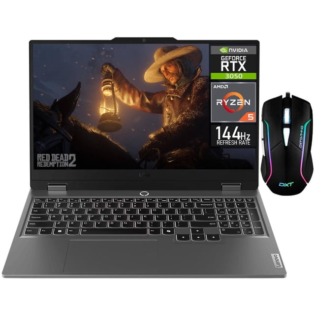 laptop gamer lenovo loq nvidia geforce rtx 3050 amd ryzen 5 7235hs 16gb ddr5 512gb ssd 15.6" full hd 144hz w11 teclado español mouse dxt gaming estable — Vista frontal de la portátil negra Lenovo LOQ abierta con pantalla 15.6" FHD (144Hz) mostrando videojuego, badges RTX 3050 y Ryzen visibles, teclado retroiluminado blanco de tamaño completo y trackpad centrado; incluye el mouse DXT a la derecha. También sirve como estación portátil para estudio y streaming ligero.