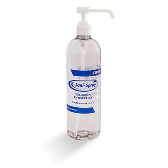 Sani-Spray con Válvula 1L, sanitizante líquido para manos de amplio espectro germicida.