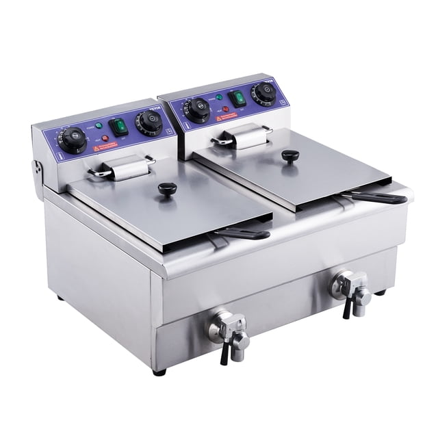 freidora electrica comercial vevor freidora profunda de encimera 3000w con tanques duales Freidora VEVOR de acero inoxidable, vista 3/4 frontal con doble tanque de 11.6 qt cada uno, tapas planas y dos cestas con asas largas y ganchos frontales; panel superior con perillas de control termostático independientes y luces indicadoras, válvulas de drenaje montadas al frente y tubo calefactor abatible para limpieza, diseñada para mostrador en cafeterías y puestos de comida; apta para freír y separar dos alimentos para evitar mezcla de sabores.