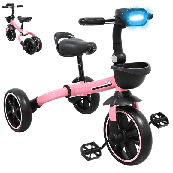 Triciclo 3 en 1 Plegable para Niños Convertible a Bicicleta y Balance Bike Luz Sonido Apto a partir de 2 Años o Hasta 25 kg - Rosa