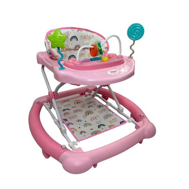 andadera d bebé rocking play mecedora 2 en 1 ajustable rosa Andadera D'Bebé Rocking Play 2 en 1 en rosa, vista 3/4 frontal; base tubular amplia con ruedas y mecanismo que convierte la base en mecedora, asiento acolchonado con tela estampada de arcoíris, bandeja amplia con portavasos y juguetero musical electrónico desmontable, tapete antideslizante lavable y tres alturas ajustables con seguro antiplegado. Adecuada para bebés de 6 a 18 meses y también utilizada a menudo para mantener juguetes y accesorios organizados durante la supervisión.