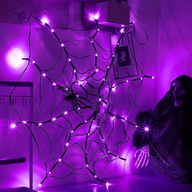 Luces solares para exteriores de Halloween con telaraña de 1 m de diámetro y 60 LED con araña negra, luces moradas impermeables, control remoto, decoración de Halloween para casa y jardín.