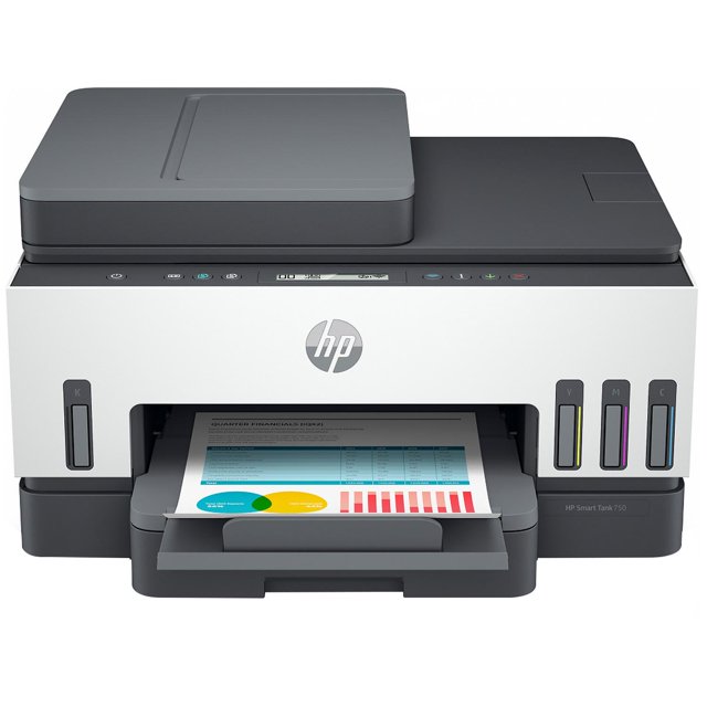 multifuncional hp smart tank 750 tinta continua color inalambrica rj45 usb 6uu47a reacondicionada Reacondicionada impresora todo en uno blanca, vista frontal 3/4 con bandeja de salida desplegada y hoja a color saliendo; tanque de tinta frontal con indicadores de nivel para cian, magenta, amarillo y negro, panel de control superior y escáner de cama plana, inyección térmica de tinta y dúplex a doble cara según especificación.