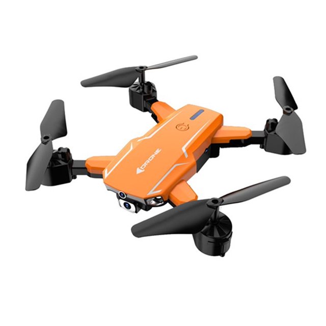 dron con cámara hd 720p 10 min uso contínuo MYRVA anaranjado, vista 3/4 frontal desplegado; quadcóptero compacto con hélices negras, cámara 720p frontal bajo el fuselaje y brazos plegables. Posicionamiento por flujo óptico, evitación de obstáculos en 3 direcciones y conexión WiFi vía app "Wifi_CAM"; tamaño desplegado aprox. 23.5 x 23.5 x 5 cm.
