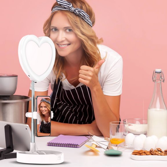 Aro de Luz Led con Luz para Teléfono, Soporte, Plegable, Extensible y Portátil. Luz de Escritorio para Selfies con Forma de Corazón para Selfies, Transmisiones En Vivo y Maquillaje.