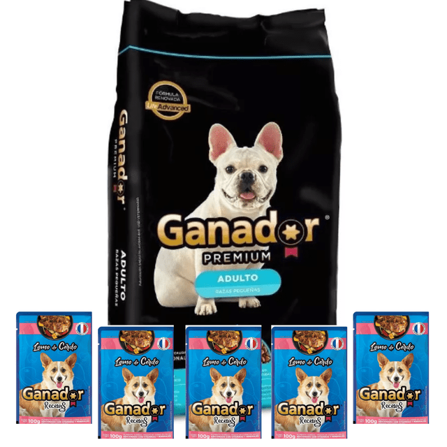 alimento para perro adm ganador premium adulto razas pequeñas 20 kg, bolsa negra frontal con logo Ganador Premium en letras doradas y fotografía centrada de un bulldog francés blanco, franja azul que indica 'Adulto razas pequeñas' y cinco sobres azules de muestra en la parte inferior.