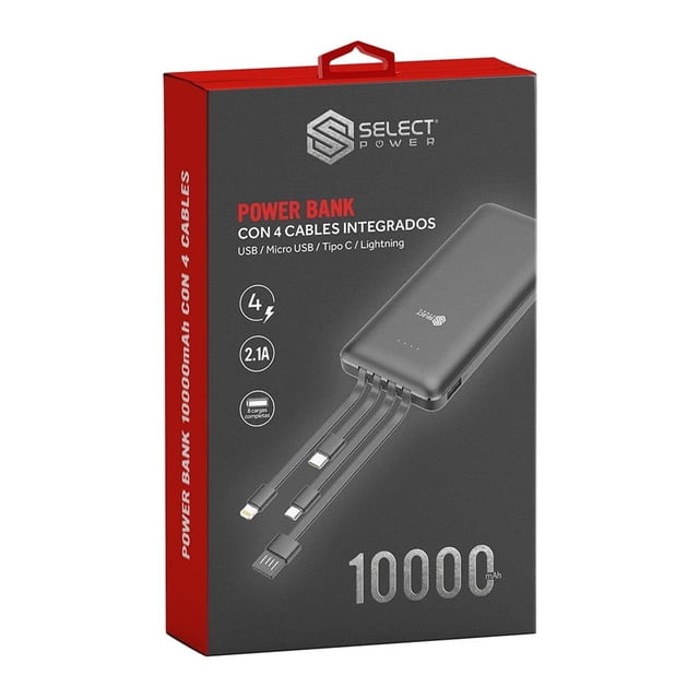 power bank select power 10,000 mah pb10set negro batería externa rectangular con 4 cables integrados (USB, Micro USB, Tipo C, Lightning), vista frontal en empaque que muestra banco de energía con bordes redondeados, focos indicadores de carga y el número 10000 mAh impreso.