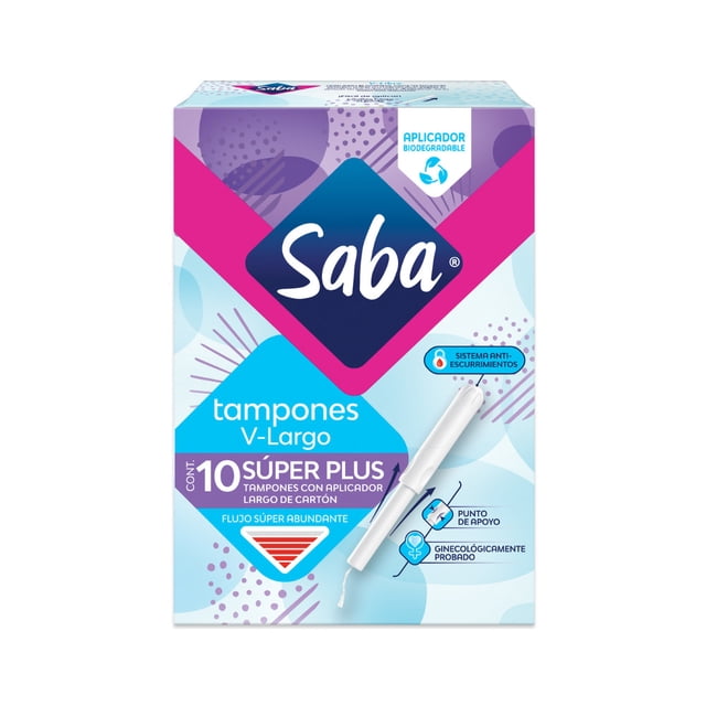 Tampones Saba V-Largo súper plus con aplicador de cartón flujo súper abundante 10 pzas