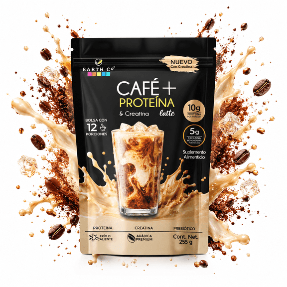 Earth Co Café + Proteína & Creatina Latte | 11g Proteína + 5g Creatina | Sin Azúcar | Café Soluble Fitness | 12 Porciones