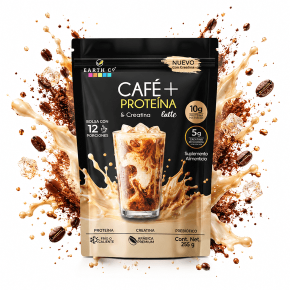 Earth Co Café + Proteína & Creatina Latte | 11g Proteína + 5g Creatina | Sin Azúcar | Café Soluble Fitness | 12 Porciones