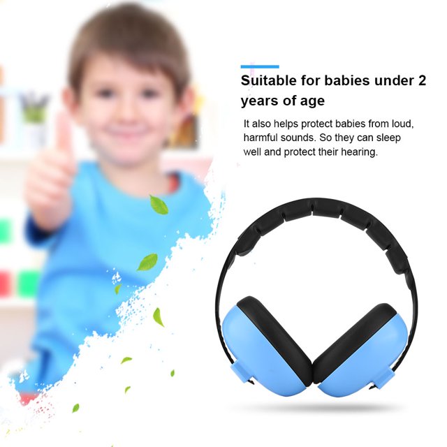 orejeras a prueba de ruido orejeras para bebés orejeras para bebés de cuero abs orejeras a prueba de ruido para niños orejeras para bebés auriculares azul Centered front view of blue baby noise-reduction earmuffs with padded leatherette ear cushions, adjustable padded headband and ABS cups against a white background with a blurred child; three-layer acoustic foam design, SNR 27 dB, approx. 15 x 15 x 8 cm and 195 g, suitable for babies under 2 years and for use at large events.