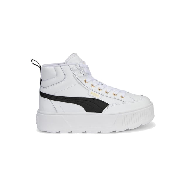 tenis puma karmen mid mujer moda plataforma blanco 25 zapatilla blanca de caña media con suela plataforma gruesa y perfil alto, parte superior sintética tipo cuero mate, franja lateral PUMA negra y ojales y logo en lámina dorada; a menudo usada para looks urbanos y casuales.
