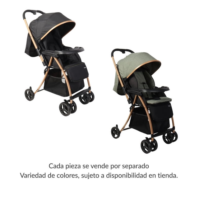 carriola prinsel golf lx verde olivo con chasis dorado, vista 3/4 frontal que muestra toldo extendible con visor, charola frontal con portavasos, cinturón de 5 puntos, respaldo multiposiciones, descansapiés ajustable, plegado de una mano y amplia canastilla.