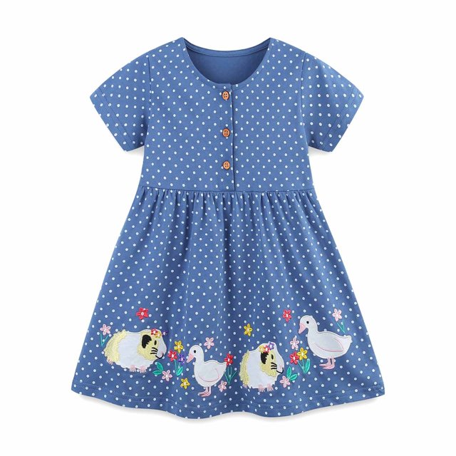 vestido de algodón con estampado de lunares para niña redarer, manga corta, estilo veraniego, con bordados, para talla 3-4 años Vestido para niña azul con lunares blancos, vista frontal centrada; corte de talle alto y falda con vuelo, tres botones decorativos en el pecho, bordados de patos y flores en el dobladillo, algodón como material. Ideal para sesiones de fotografía infantil.
