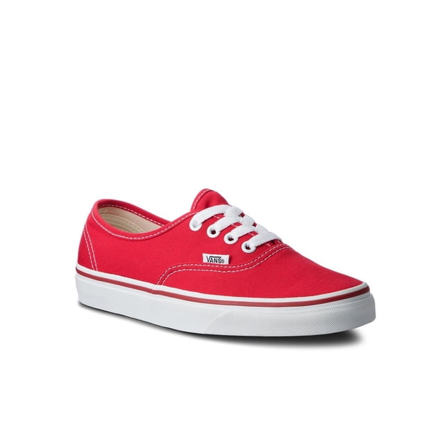 tenis vans authentic hombre rojo 27.5 vans vn000ee3red zapatilla baja Authentic en lona roja con cordones blancos, ojales de metal y etiqueta Vans en el lateral; suela waffle de caucho blanca visible en vista 3/4 frontal sobre fondo blanco. A menudo usado como calzado urbano casual para paseos cortos y viajes.