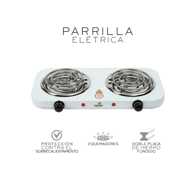 parrilla electrica de acero inoxidable 45cmx22cm, vista frontal centrada de parrilla eléctrica doble quemador con carcasa negra y superficie de acero inoxidable, dos platos circulares de 16 cm con resistencias espirales, perillas frontales negras con 5 niveles y luz piloto roja entre ellas; medidas 45 x 22 x 7.5 cm. También se usa a menudo para asar porciones pequeñas en departamentos.