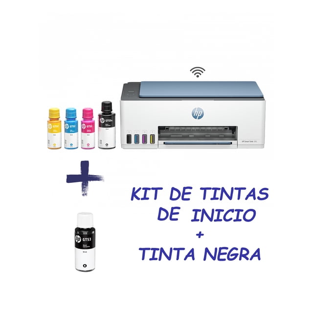 impresora multifuncional hp smart tank 585 tinta continua color wi-fi bluetooth adf tinta negra front-facing view of the HP Smart Tank 585 with blue lid, visible refill ink bottles and front ink reservoirs, 5.5 cm touchscreen, front paper output tray, wireless icon and ADF for 35 hojas; tanques de tinta para impresión, escaneo y copiado, también adecuada para impresión de pruebas y documentos de oficina.