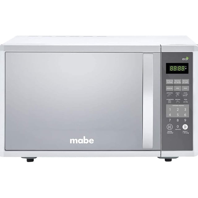 horno microondas mabe 1.1p3 apertura de manija plata acabado espejo hmm//111sej microondas plateado, vista frontal con puerta de espejo y logo Mabe centrado; panel de control a la derecha con teclado numérico, display en español y indicador eco. También suele usarse para calentar recipientes pequeños en cocina diaria.