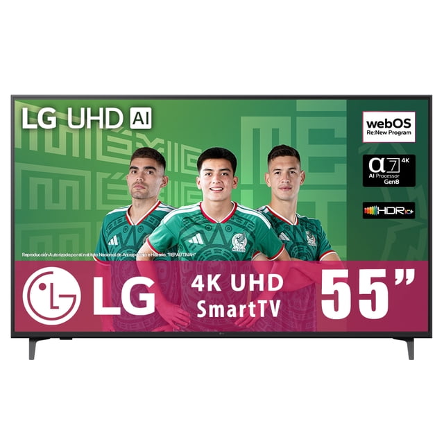 tv lg 55 pulgadas 4k uhd ai thinq smart tv led 55un6953zua televisor LED negro 55" vista frontal con marco delgado y patas, pantalla con gráfico promocional verde y tres jugadores; logos visibles de LG, 4K UHD, HDR y webOS; compatible con Google Assistant y Amazon Alexa según especificaciones; también apto para montaje en pared o uso en sala compacta.