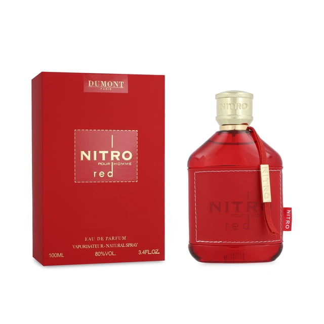 nitro red pour homme 100ml edp spray Perfume para caballero 100 ml, caja y frasco frontales en rojo; frasco de vidrio rectangular con bordes redondeados, etiqueta cosida, colgante y tapón dorado texturizado, marca Dumont legible; familia olfativa aromática frutal con notas de salida de lavanda, manzana y bergamota. A menudo usado como fragancia de día y regalo por su presentación compacta.
