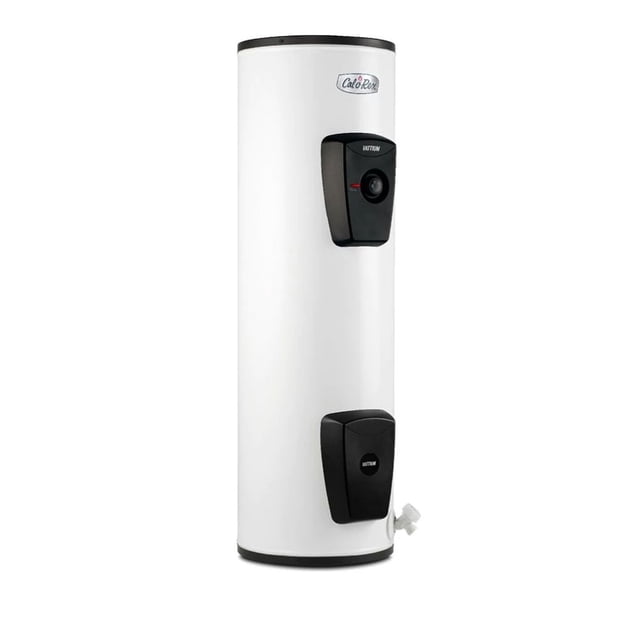 boiler calorex electrico vattium e-20 220v calorex vattium e-20 220v Calentador eléctrico cilíndrico vertical blanco con dos paneles frontales negros para control y conexiones, válvula de drenaje en la base y aislamiento Green Foam; indicado para lugares cerrados y también adecuado para suministrar agua caliente en talleres pequeños.