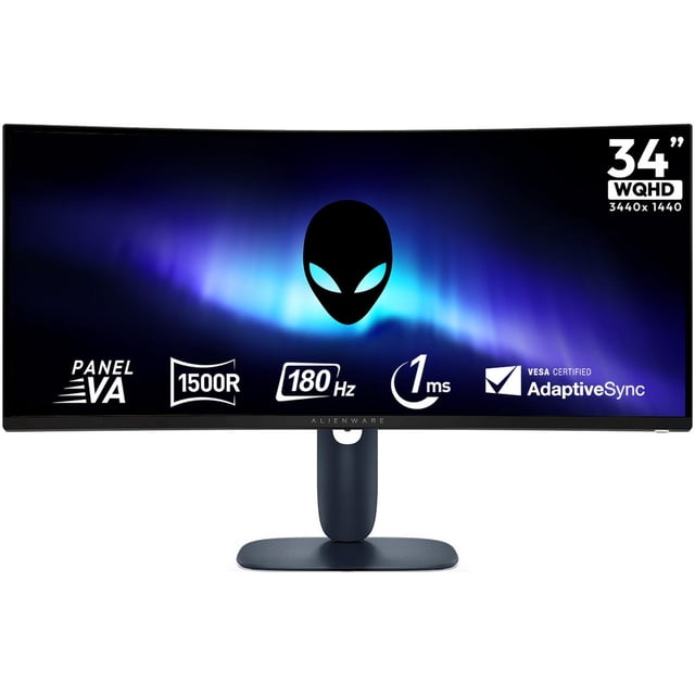 monitor gamer curvo alienware 34" wqhd 180hz 1ms va hdmi dp soporte ajustable aw3425dwm maxima fluidez y reaccion — vista frontal centrada de un monitor curvo negro de 34" (3440×1440) con el logotipo Alienware en la pantalla, base y soporte ajustable en tono oscuro; la pantalla muestra tonos azules y etiquetas visibles de Panel VA, 1500R, 180Hz, 1ms y Adaptive-Sync; especificaciones indican compatibilidad VESA 100x100 y conexiones HDMI, DisplayPort y USB; frecuentemente usado también como monitor ultrapanorámico para edición de video y multitarea.