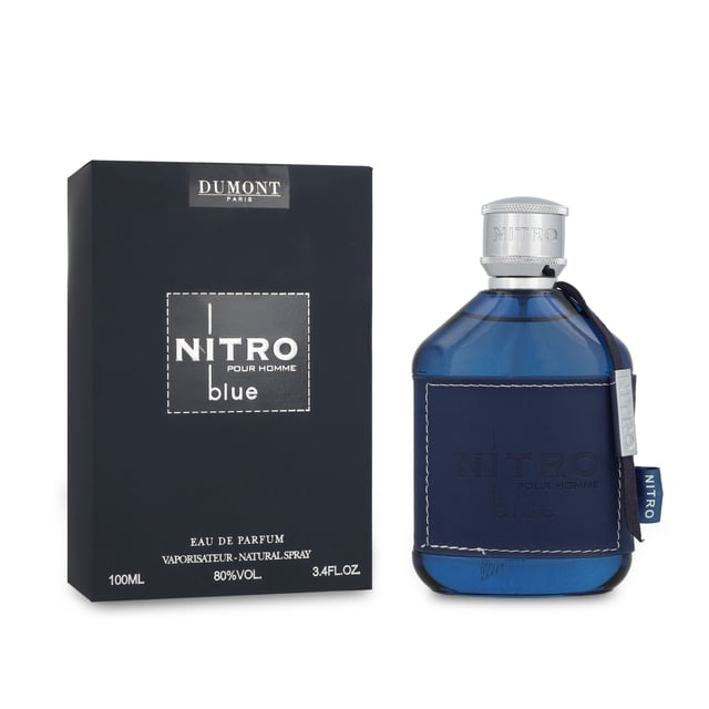 dumont nitro blue pour homme 100ml edp spray botella azul translúcida y caja negra frontal, vista centrada con tapa plateada y parche cosido con etiqueta 'NITRO'; eau de parfum oriental amaderada para caballero con notas de canela, limón y pachulí, a menudo usada como fragancia de noche o para eventos formales.
