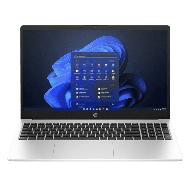 laptop hp 255 g10 amd ryzen 5 7530u 16gb ram 512gb ssd windows 11 home 15.6 full hd teclado español plateado — Vista frontal de laptop HP plateada de 15.6" Full HD con Windows 11 en pantalla, teclado en español con teclado numérico, touchpad centrado y bisel mate; diseño delgado, frecuentemente usada para estudio y oficina.