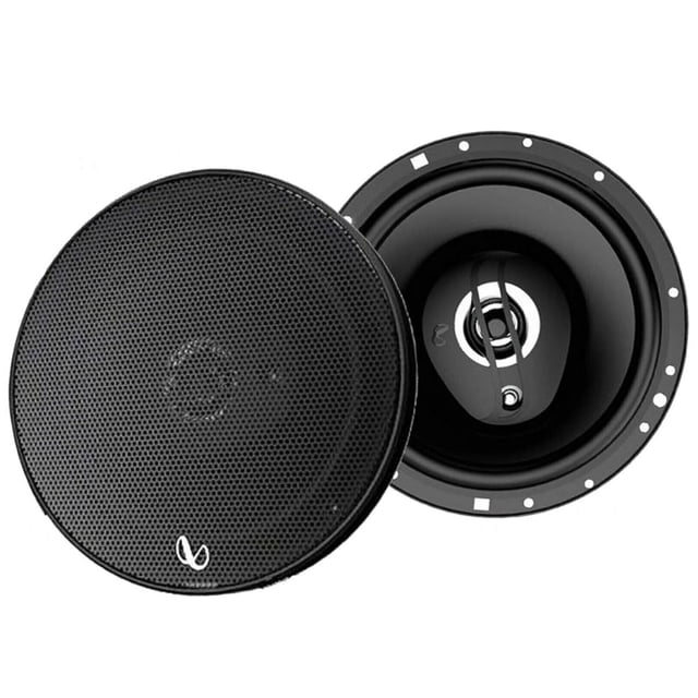 bocinas infinity alpha 6530 6.5 pulgadas 40/290w 3 vias para auto Nuevo diseño Infinity, par coaxial 6.5" con una rejilla perforada negra y logo blanco y otra sin rejilla que muestra cono negro, chasis circular con orificios de montaje y tweeter y supertweeter centrales; 40 W RMS, 4 ohm.