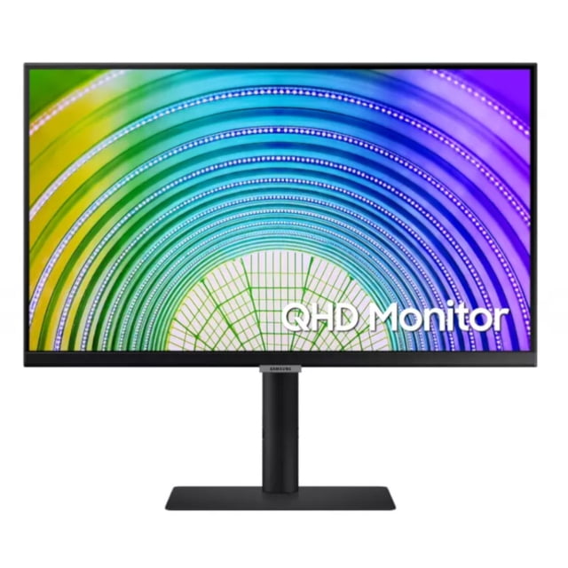 monitor led samsung ls24a600uclxzx de 24' resolución 2560x1440 quad hd negro vista frontal centrada de monitor Samsung 24" QHD con biseles delgados negros, soporte rectangular mate y columna con ajuste de altura; panel IPS mostrando imagen colorida y texto en pantalla, concentrador USB integrado y montaje VESA para instalación. Su tamaño y resolución son adecuados para multitarea y trabajo creativo.