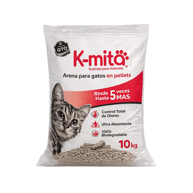 kmita premium - 10 kg - arena para gato en pellets, 100% natural – biodegradable – rinde 5 veces más - cero olores - cero polvo - ulta absorbente. Bolsa frontal blanca con logo K-mita Sustrato para Mascotas en rojo; texto grande que indica arena para gatos en pellets y "Rinde Hasta 5 veces MÁS"; lista de iconos con Control Total de Olores, Ultra Absorbente y 100% Biodegradable; peso 10 kg impreso en rojo; fotografía de un gato gris a la izquierda y pellets cafés apilados visibles en la base de la bolsa.